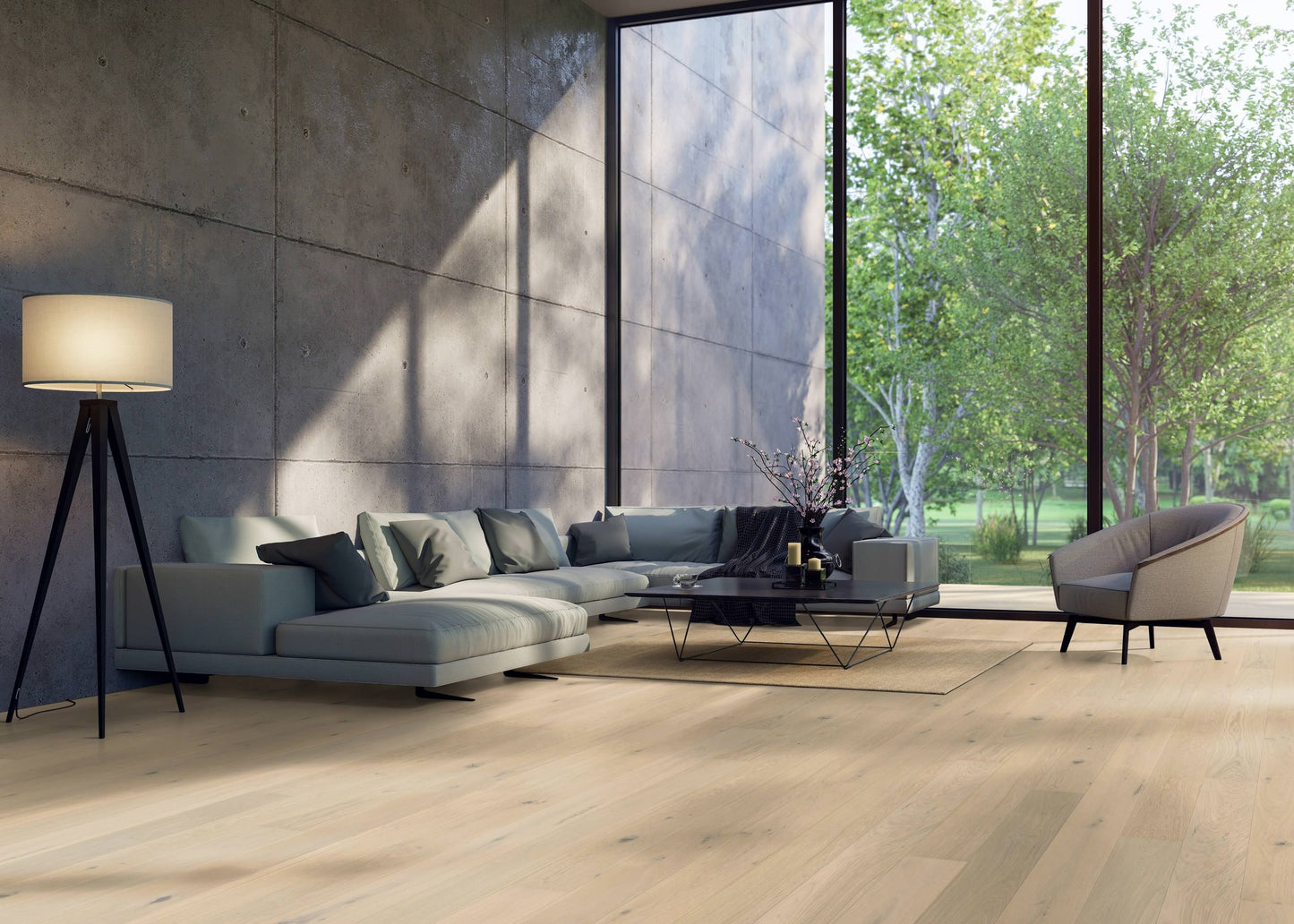 Raumbild, Wohnzimmer Inspiration, Landhausdiele 180, Eiche lichtweiß im Raum, helles Parkett, Interieur Design
