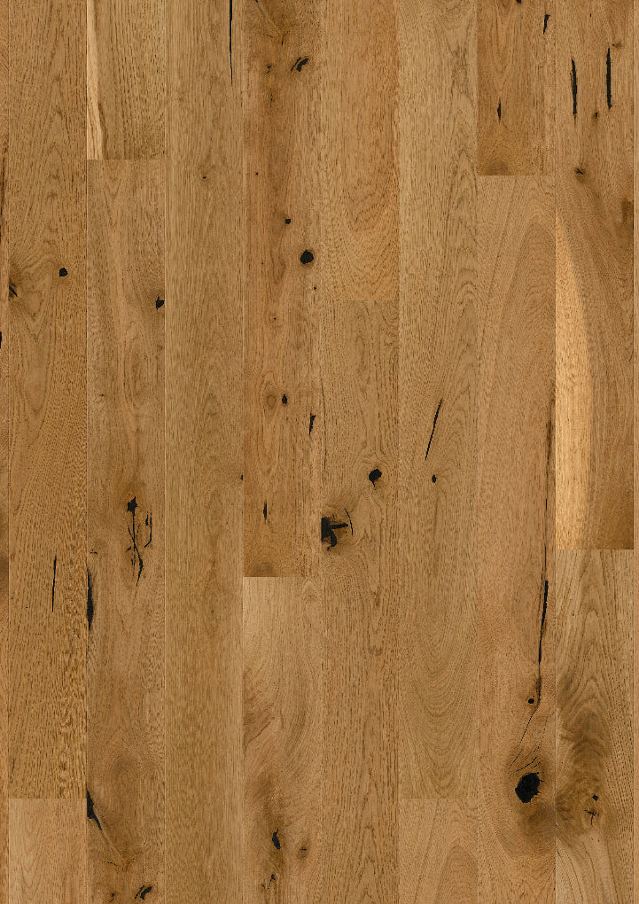 Detailaufnahme der Verlegeoptik und Oberflächenstruktur von Boen Parkett Eiche Espressivo, natur geölt.