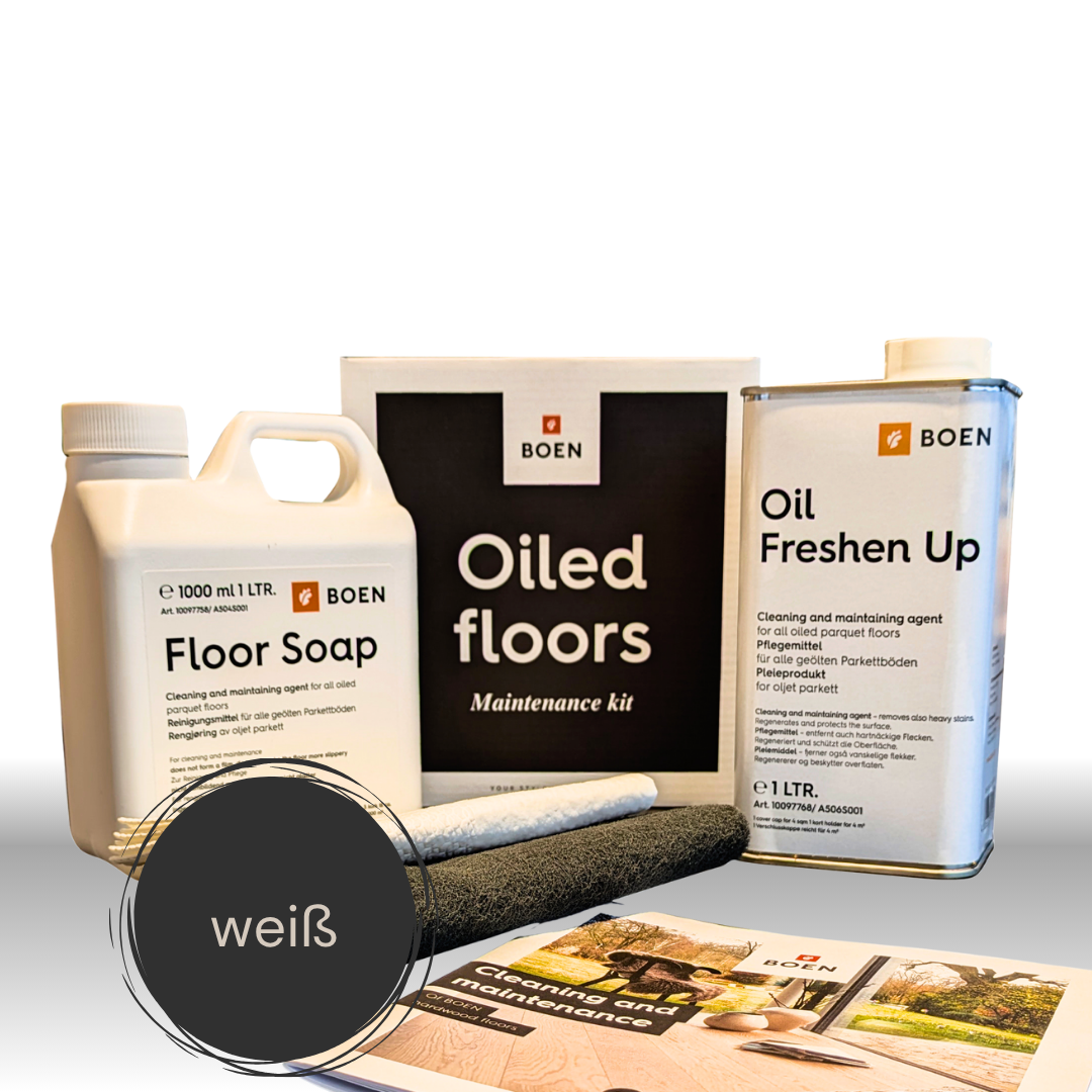 BOEN Parkett Pflegeset Weiß für weiß geölte Böden mit Floor Soap und Oil Freshen Up White.