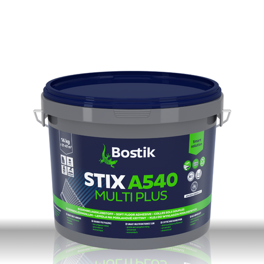 Bostik STIX A540 Multi Plus 14kg Eimer – Multifunktionaler Dispersionsklebstoff für elastische Bodenbeläge und Textilbeläge.