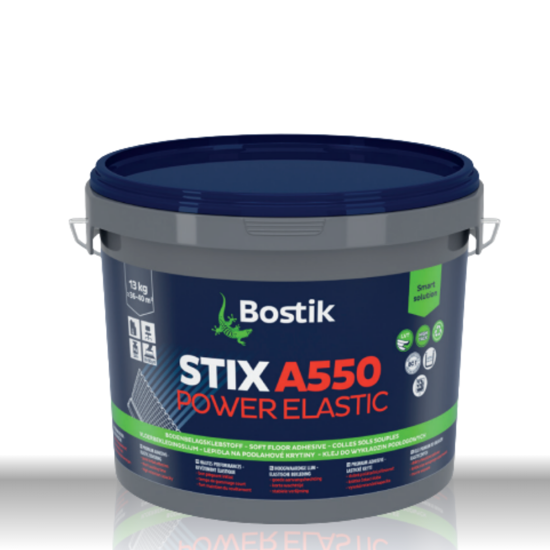 Bostik STIX A550 Power Elastic 13kg Eimer – Kraftvoller Dispersionsklebstoff für elastische Beläge wie Vinyl und PVC.
