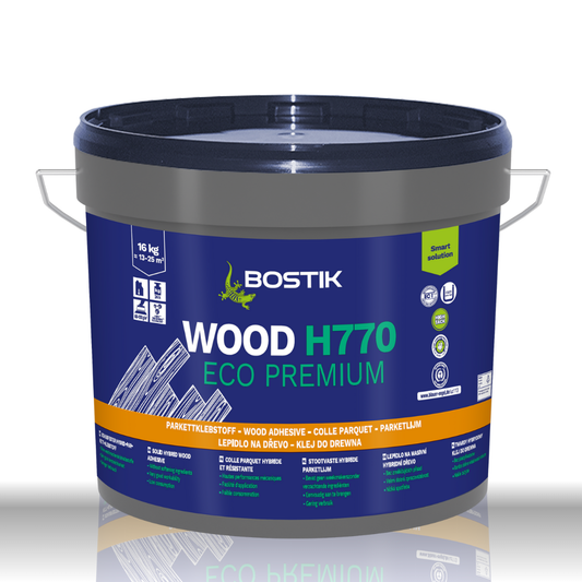 Bostik Wood H770 Eco Premium 14kg Eimer – Schadstoffarmer Premium Hybrid-Klebstoff für die sichere Verklebung von Massivholz- und Parkettböden.