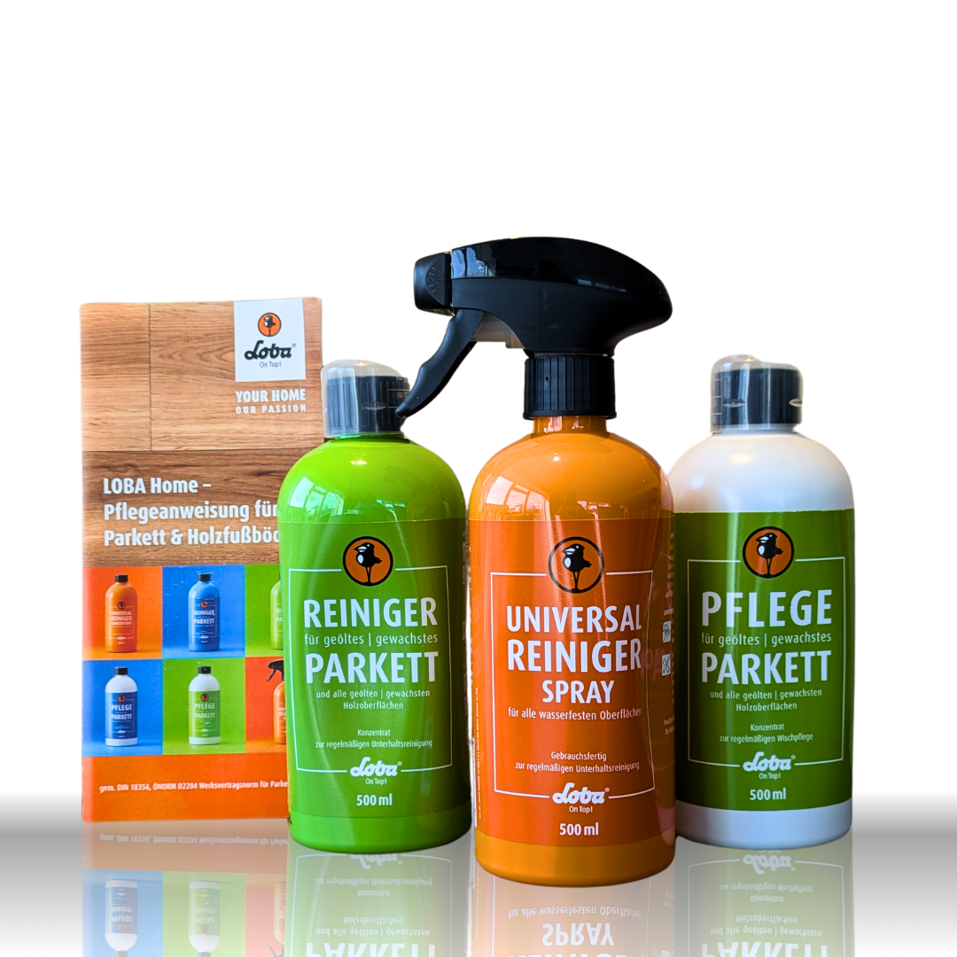 LOBA Pflege-Set für geöltes Parkett – Komplettset mit Bodenreiniger und rückfettender Pflege zur Werterhaltung naturgeölter Holzböden.