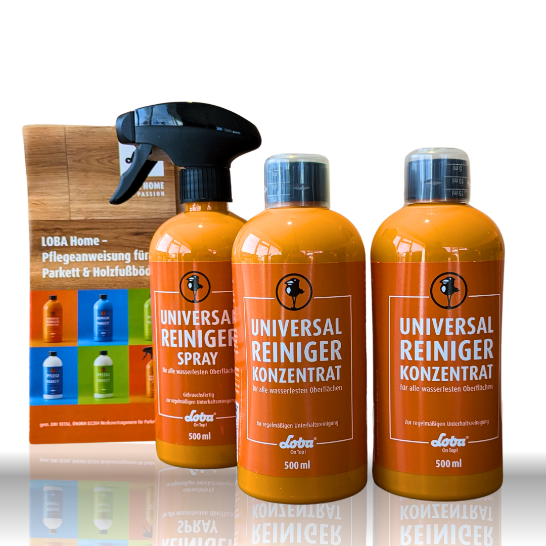 Das Komplett-Set für geölte & gewachste Holzböden. Enthält Reiniger, Pflegekonzentrat & Spray für die Werterhaltung Ihres Parketts. Jetzt bei Parkettwelt Adendorf kaufen!