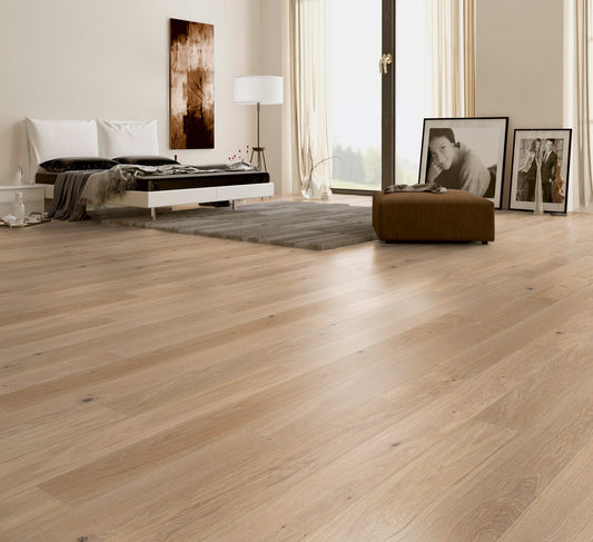 ter Hürne Fertigparkett Eiche Vario No. 1109 – Landhausdiele gebürstet und gekälkt, naturgeölte Oberfläche, 11 mm Stärke.